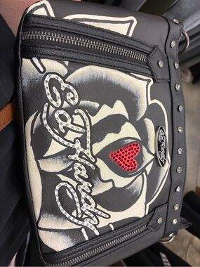 Ed Hardy Black Shoulder bag with White Rose and Red Heart Accent